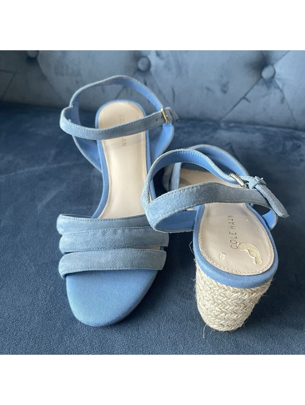 Cole Haan Woman's 6B Jasmine  Espadrille Wedge Blue Suede Gold 3” Heel Sandals